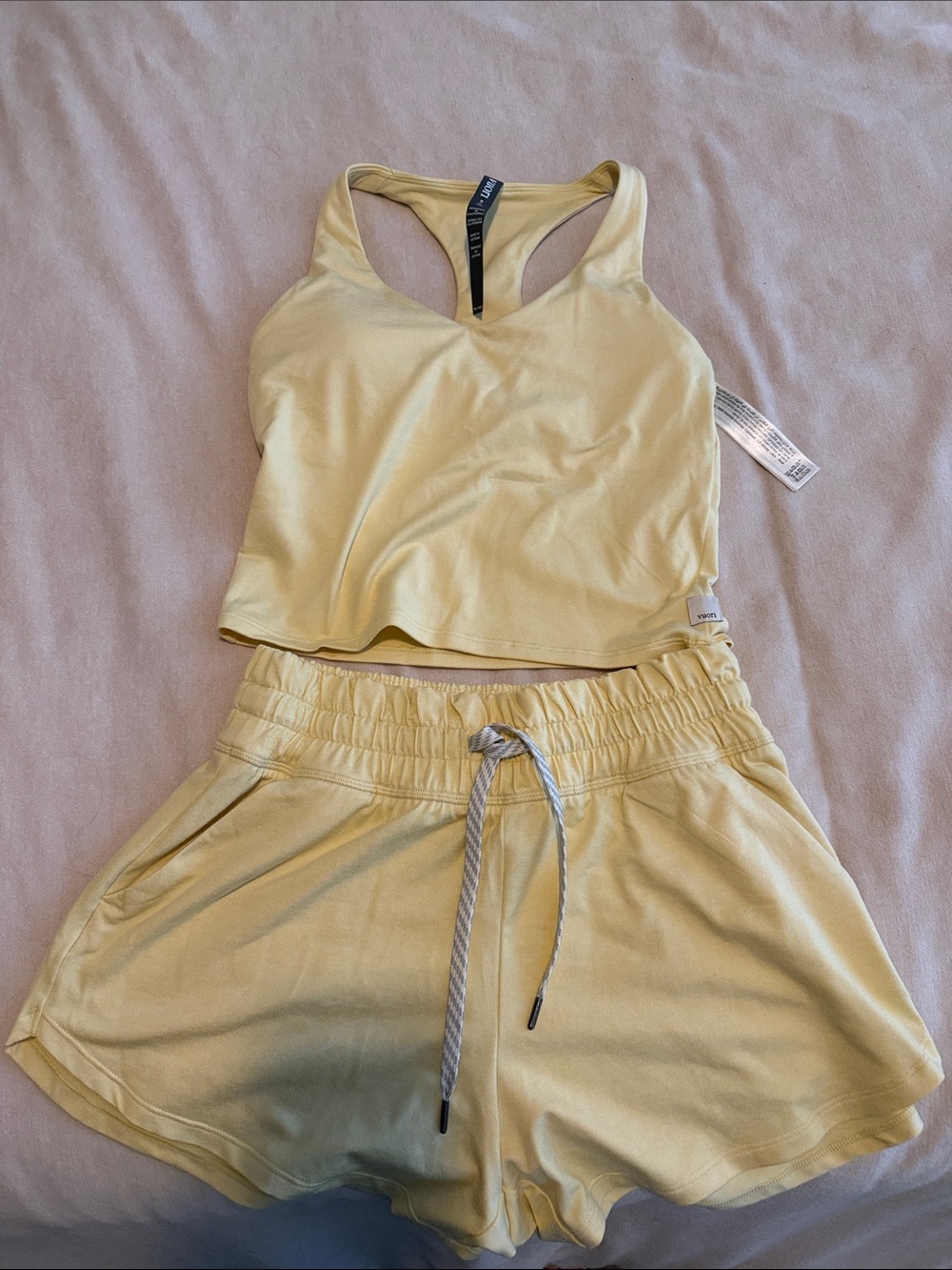 Vuori Butter Yellow like Racerback Crop Top & Drawstring Athletic Shorts Set